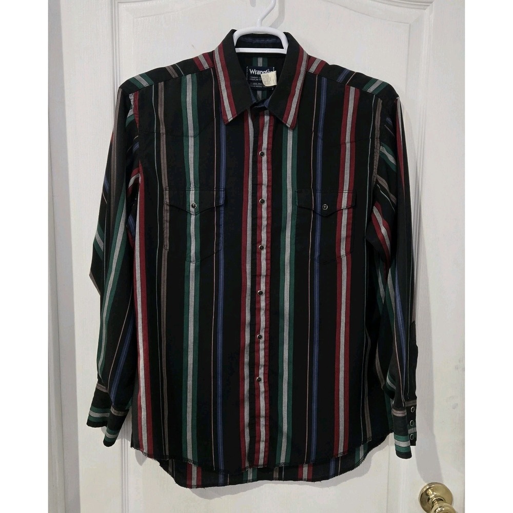 Mens VTG Wrangler Western Pearl Snap Shirt Cowboy Cut X Long Tail 16.5x35 Large